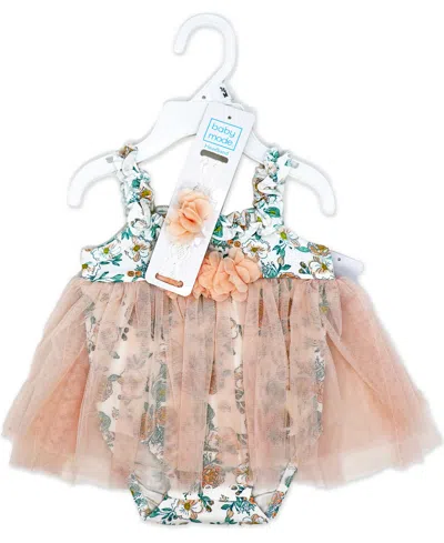 Shop Baby Mode Baby Girls 2 Piece Peach Floral Romper With Tulle Over Skirt And Matching Headband