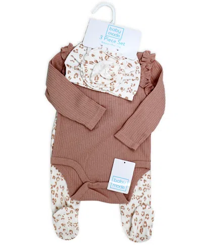 Baby Mode Baby Girls Take Me Home 3 Piece Layette Set, Mauve Leopard In Mauve