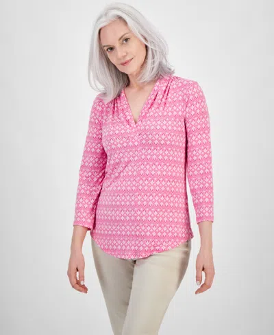 Shop Jm Collection Women's Printed V-neck 3/4-sleeve Top, Created For Macy's In Bright Pink Combo