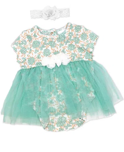Baby Mode Baby Girls 2 Piece Aqua Floral Romper With Tulle Over Skirt And Matching Headband In Aqua