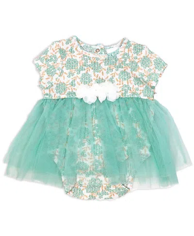 Baby Mode Baby Girls 2 Piece Aqua Floral Romper With Tulle Over Skirt And Matching Headband In Aqua