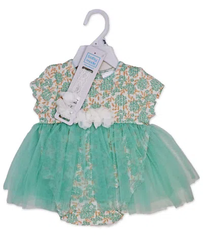Shop Baby Mode Baby Girls 2 Piece Aqua Floral Romper With Tulle Over Skirt And Matching Headband