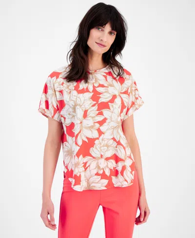 Shop Anne Klein Women's Floral-print Short-sleeve Blouse In Red Pear,brown