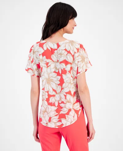 Shop Anne Klein Women's Floral-print Short-sleeve Blouse In Red Pear,brown