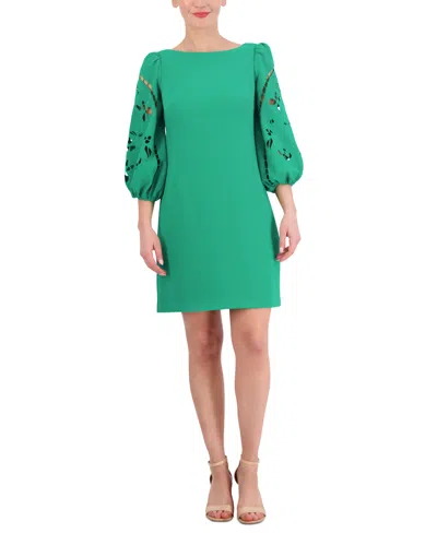 Shop Vince Camuto Women's Signature Stretch Crepe Embroidered-sleeve Shift Dress In Green