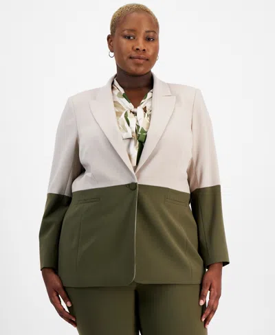 Tahari Asl Plus Size Colorblocked Boyfriend Blazer In Sand,loden