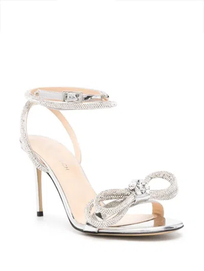 Shop Mach &amp; Mach Double Bow 100 Mm Sandals In Silver Metallic Leather With Crystals