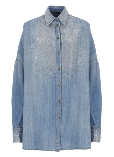 Shop Ermanno Scervino Cotton Shirt With Strass In Light Blue