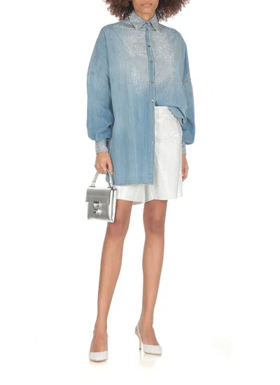 Shop Ermanno Scervino Cotton Shirt With Strass In Light Blue