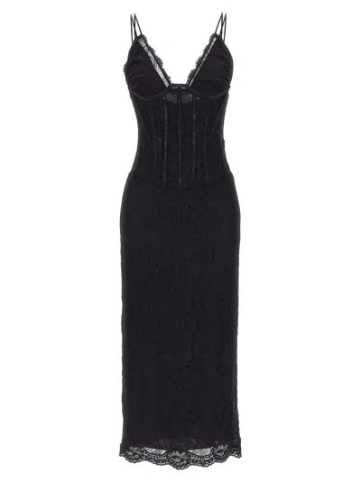 Dolce & Gabbana Lace Floral Midi Dress With Sheer Detailing In Black