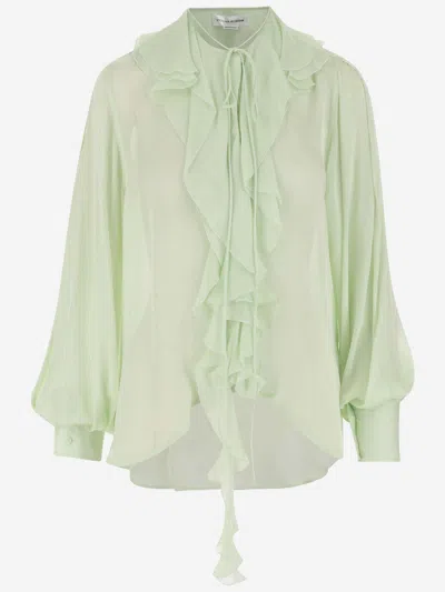 Shop Victoria Beckham Silk Shirt With Ruffles In Green