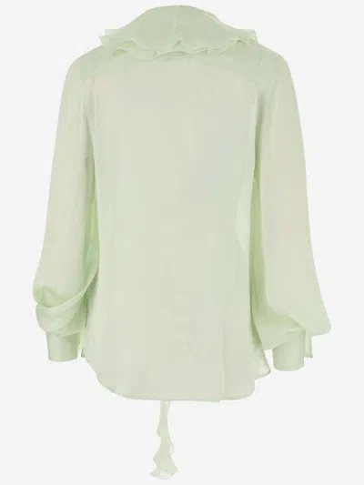 Shop Victoria Beckham Silk Shirt With Ruffles In Green