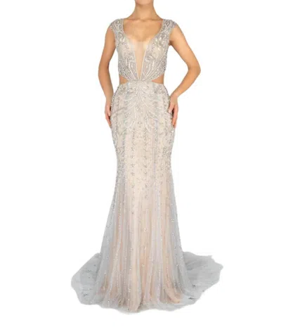 Shop Terani Couture Bead Embellished Cutouts Sheath Long Dress In Crystal Silver In Beige