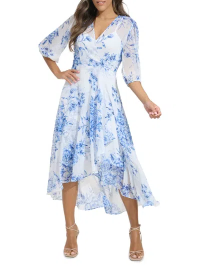 Shop Calvin Klein Women's Chiffon Faux Wrap Dress In Blue Multicolor