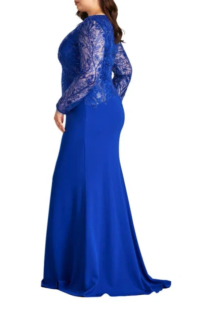 Shop Tadashi Shoji Sequin Floral Long Sleeve Gown In Mystic Blue