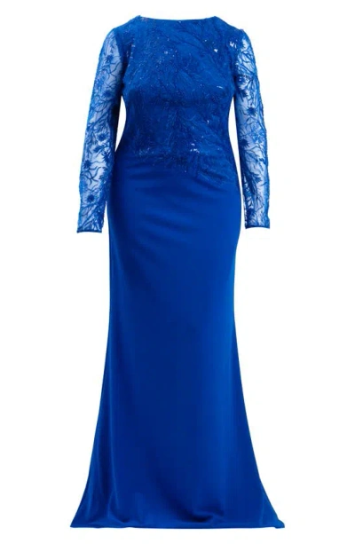 Shop Tadashi Shoji Sequin Floral Long Sleeve Gown In Mystic Blue