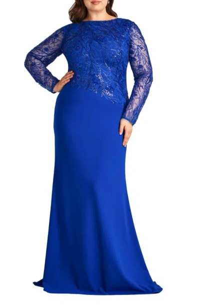 Shop Tadashi Shoji Sequin Floral Long Sleeve Gown In Mystic Blue