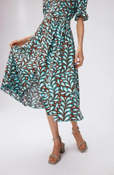 Shop Dvf Erica Leaf Print Cotton Button-up Midi Dress In Seaweed Med