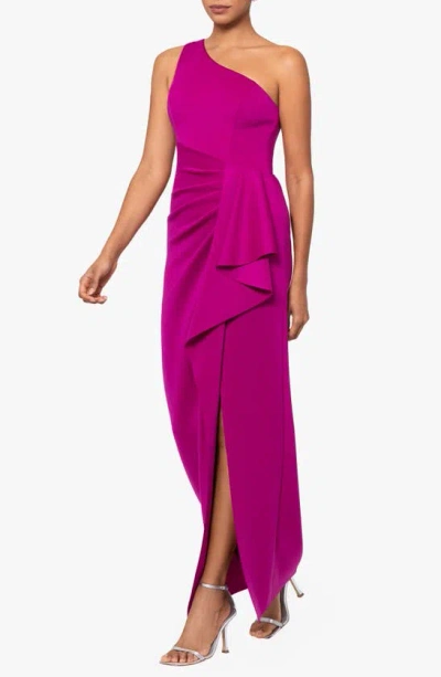 Shop Xscape Evenings One-shoulder Ruffle Scuba Crepe Gown In Orchid