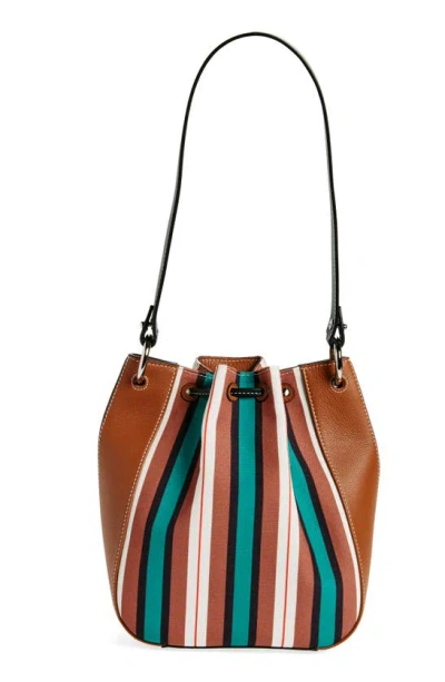Shop Strathberry X Collagerie Bolo Canvas & Leather Bucket Bag In Chestnut/ Black/ Green Stripe