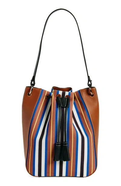 Shop Strathberry X Collagerie Large Bolo Canvas & Leather Bucket Bag In Chestnut/ Black/ Blue Stripe