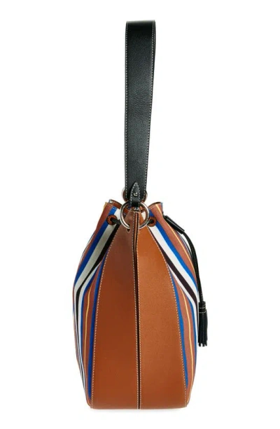 Shop Strathberry X Collagerie Large Bolo Canvas & Leather Bucket Bag In Chestnut/ Black/ Blue Stripe