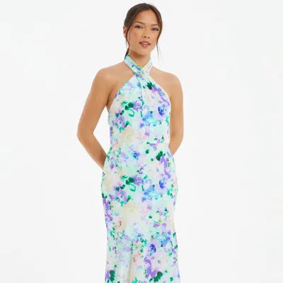 Shop Quiz Floral Crepe Halter Neck Midi Dress In Blue
