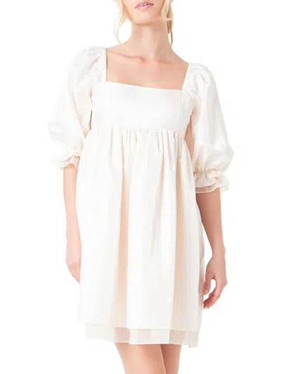 Shop Endless Rose Women's Shiny Puff Sleeve Mini Dress In Cream