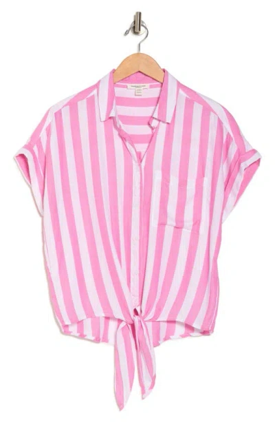 Shop Beachlunchlounge Rosie Cabana Stripe Button-up Shirt In Strawberry Flambe