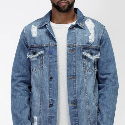 Shop Konus Men's Frayed Long Denim Jacket In Blue