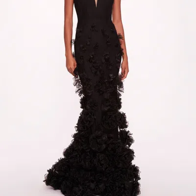 Shop Marchesa Notte Tulle Rosette Gown In Black