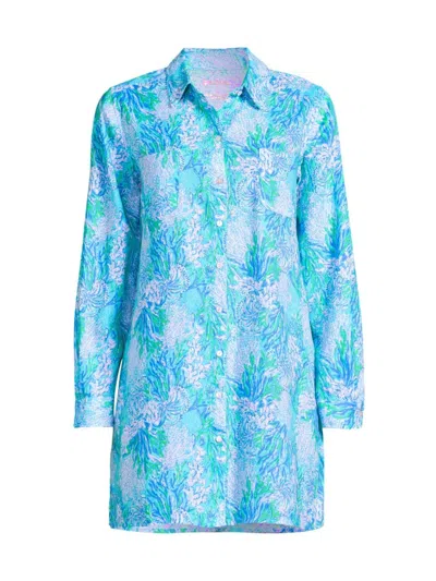 Shop Lilly Pulitzer Women's Lagoon Linen Cover-up Shirt In Las Olas Aqua