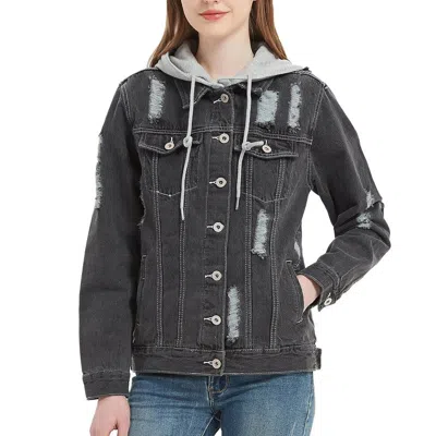 Shop Anna-kaci Detachable Hoodie Denim Distressed Jean Jacket In Black