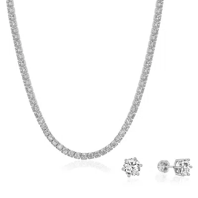 Shop Club Rochelier Cubic Zirconia Tennis Necklace And 7mm Stud Earrings Set (rhodium) In Grey