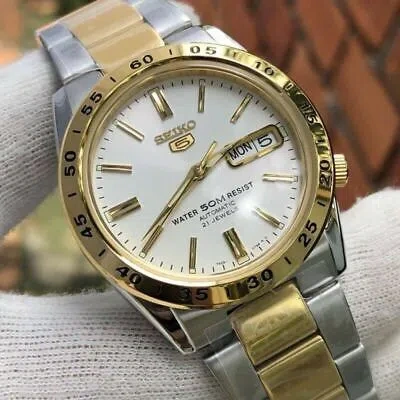 Pre-owned Seiko 5 Snke04k1 Automatic Two Tone Gold Stainless Steel Analog Men's Watch