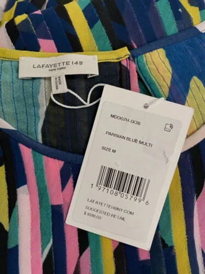 Pre-owned Lafayette 148 $1698  Women's Blue Sleeveless Abstract-print Cocoon Dress Size M