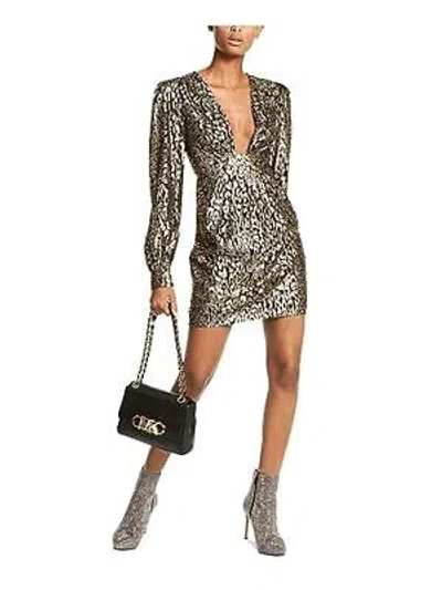 MICHAEL KORS Pre-owned Women's Metallic Cheetah Jacquard Mini Dress In Black Gold