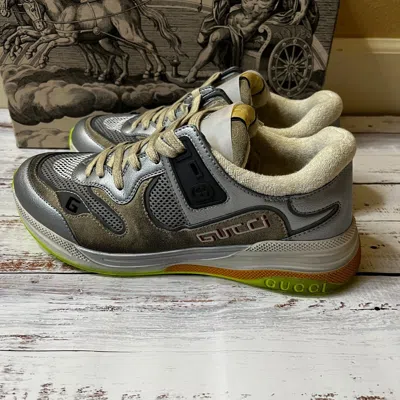 Pre-owned Gucci Ultrapace Sneakers Men's Gray Silver Leather Shoes Uk7.5(us8) With Box In Multicolor