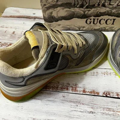 Pre-owned Gucci Ultrapace Sneakers Men's Gray Silver Leather Shoes Uk7.5(us8) With Box In Multicolor