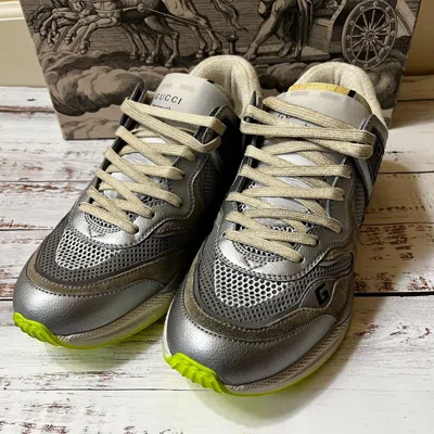 Pre-owned Gucci Ultrapace Sneakers Men's Gray Silver Leather Shoes Uk7.5(us8) With Box In Multicolor