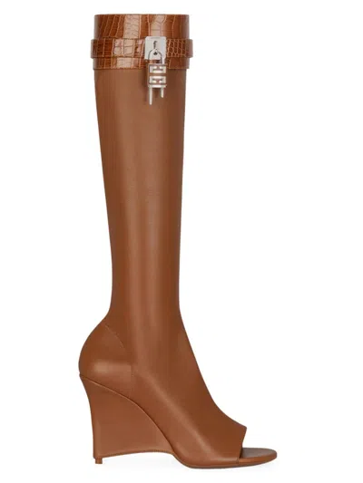 Shop Givenchy Women's Shark Lock Stiletto Sandal Boots In Leather In Chestnut