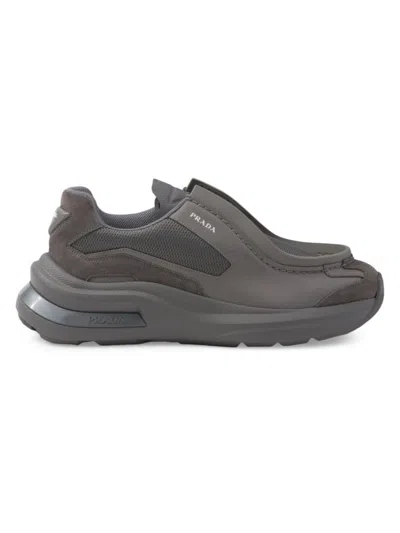 Shop Prada Men's Systeme Brushed Leather Sneakers With Bike Fabric In Grey
