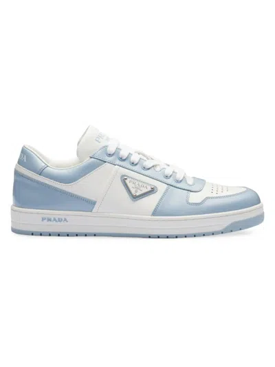Shop Prada Men's Downtown Leather Sneakers In White Light Blue