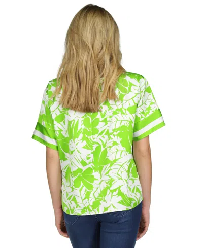 Shop Michael Kors Michael  Petite Palm-print Satin Twill Short-sleeve Blouse In Green Apple