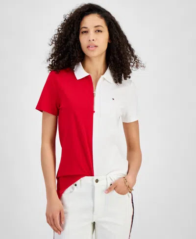 Shop Tommy Hilfiger Women's Colorblock Zip-front Polo Shirt In Scarlt,wt