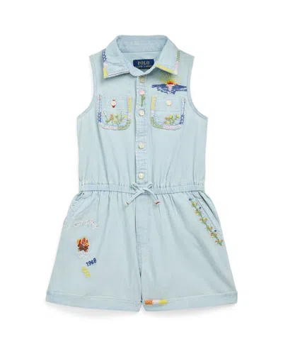 Shop Polo Ralph Lauren Toddler And Little Girls Embroidered Cotton Chambray Romper In Light Summer Wash