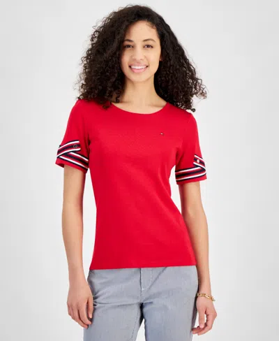 Shop Tommy Hilfiger Women's Ribbon Cuff Crewneck Cotton Logo T-shirt In Scarlet