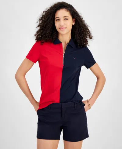 Shop Tommy Hilfiger Women's Colorblock Zip-front Polo Shirt In Sca,sky Ca