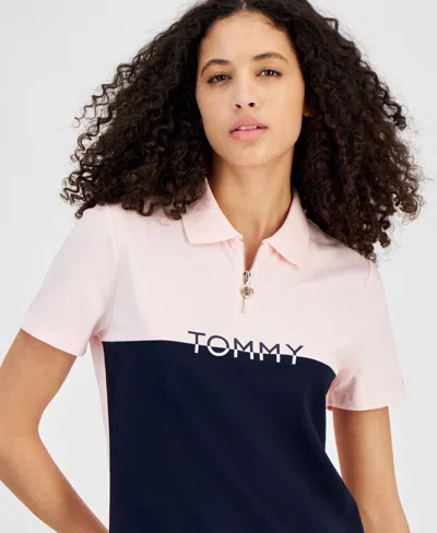 Shop Tommy Hilfiger Women's Colorblock Logo Zip-front Polo Shirt In Balrna Pnk