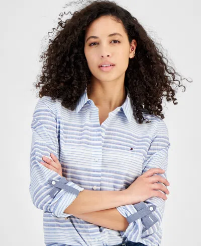 Shop Tommy Hilfiger Women's Beach Stripe Cotton Roll-tab Shirt In Blue Multi